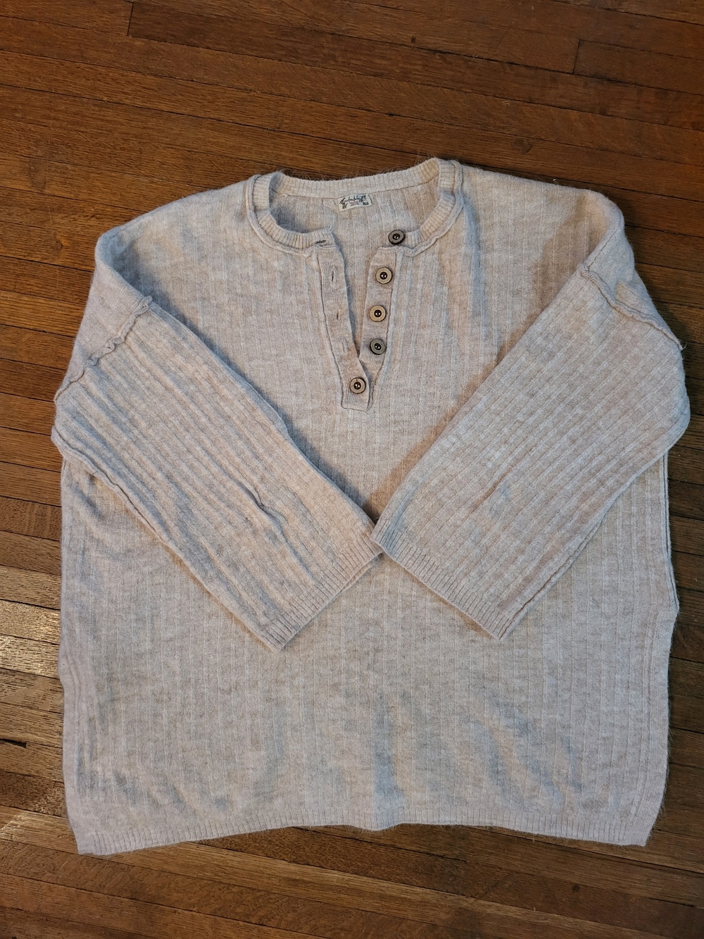 Free People Light Brown Ribbed V-Neck Henley Pullover